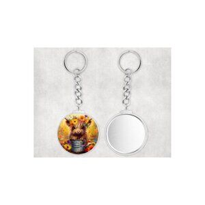 Sunflower Highland Cow Keychain  -  ROUND BUTTON KEY CHAIN